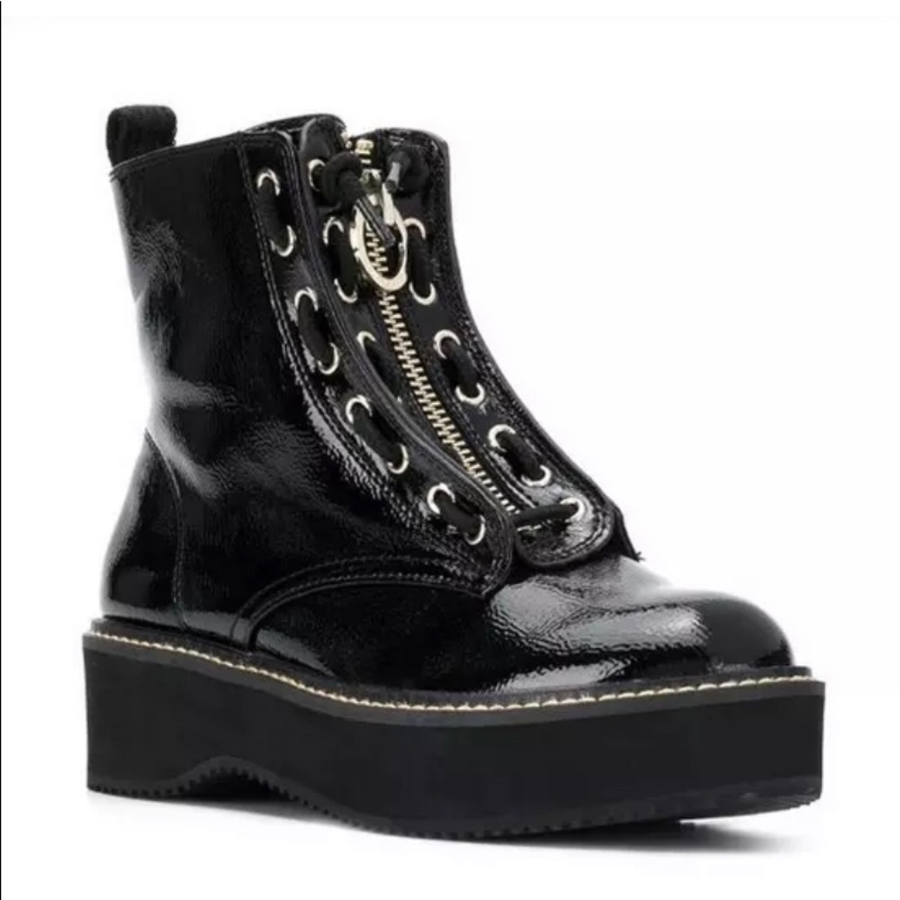 DKNY Rhi Patent Platform Vegan Black Boots 7.5